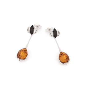 Pendientes con ámbar coñac natural, en plata 925 rodiada