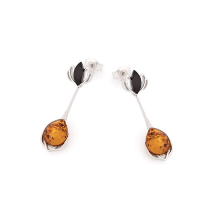 Earrings with natural cognac amber, in 925 rhodium silver