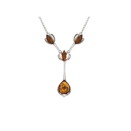 Necklace with cognac amber, in 925 rhodium silver, length 45 + 5 cm
