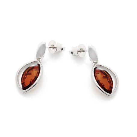 Earrings with natural cognac amber, in 925 rhodium silver