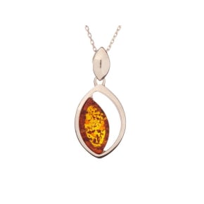 Pendant with cognac amber navette, in rhodium silver 925, height 2+1 cm