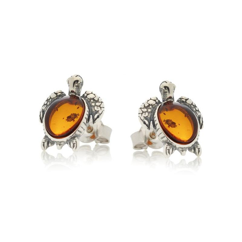 Boucles d'oreilles tortue avec ambre cognac naturel, en argent vieilli 925