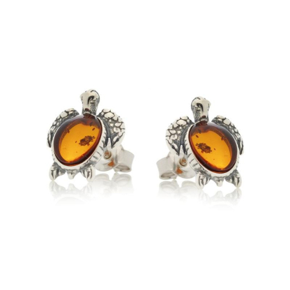 Boucles d'oreilles tortue avec ambre cognac naturel, en argent vieilli 925