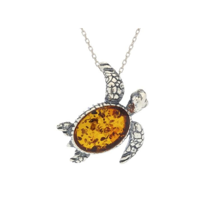 Pendentif tortue avec ambre cognac ovale, en argent vieilli 925, hauteur 2 cm