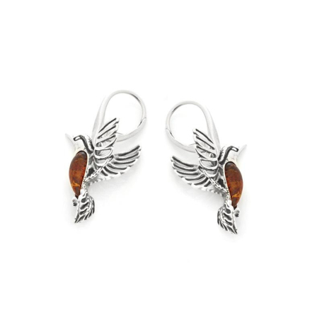 Hummingbird earrings with natural cognac amber, in 925 aged silver