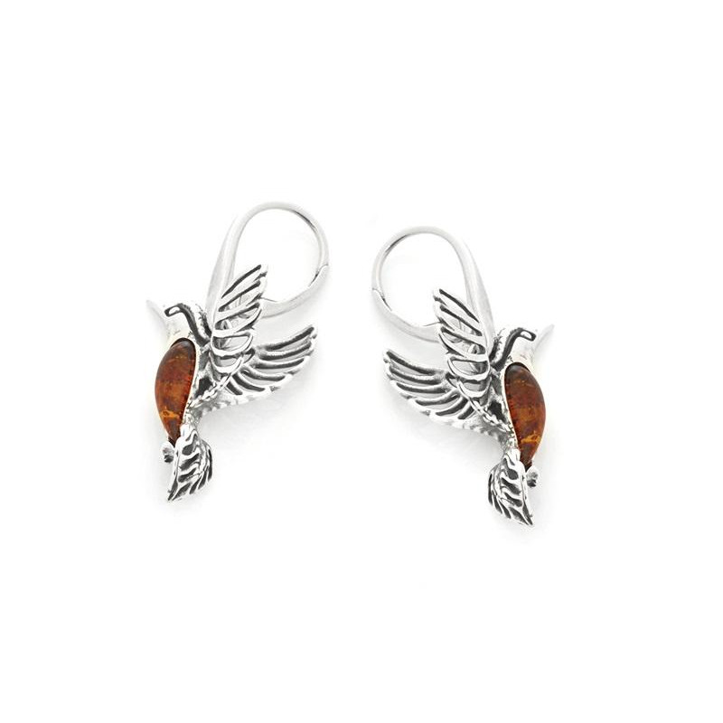 Orecchini colibrì con ambra naturale cognac, in argento invecchiato 925