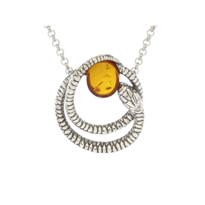 Snake necklace with cognac amber, in 925 rhodium silver, length 45 + 5 cm
