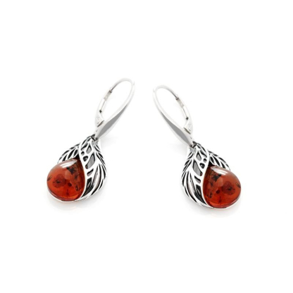 Earrings with natural cognac amber, in aged silver 925