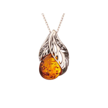 Pendentif avec ambre cognac goutte, en argent vieilli 925, hauteur 2 cm