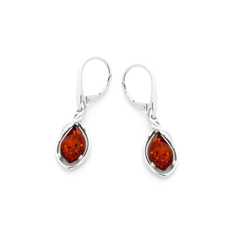 Drop earrings with natural cognac amber, rhodium-plated silver 925