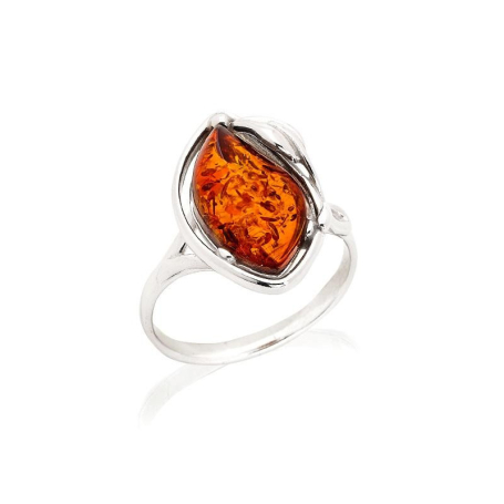 Bague avec ambre cognac naturel de la mer Baltique goutte, en argent rhodié 925