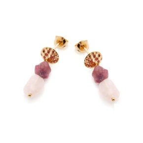 Boucles d'oreilles avec quartz rose et tourmaline, en argent doré 925
