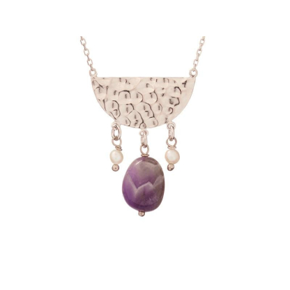 Necklace with amethyst and pearls, in 925 rhodium silver, length 42 + 3 cm