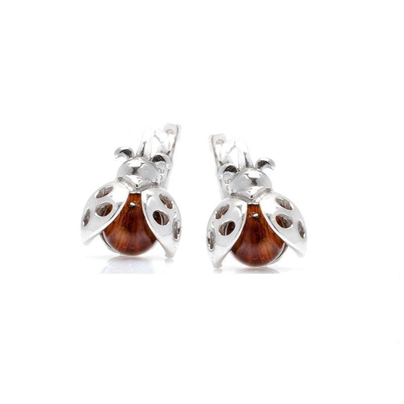 Lieveheersbeestje kinderoorknopjes met cognac amber, in 925 gerhodineerd zilver