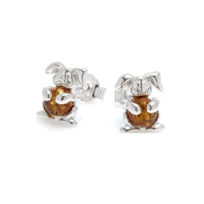 Clous d'oreilles enfant lapin avec ambre cognac naturel, en argent rhodié 925