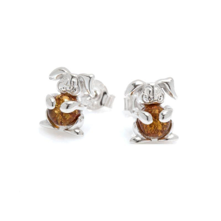 Clous d'oreilles enfant lapin avec ambre cognac naturel, en argent rhodié 925