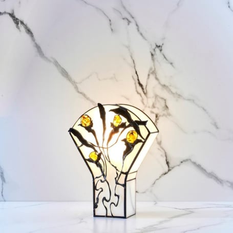 Bureaulamp in messing, amber en glas, 21x28 cm