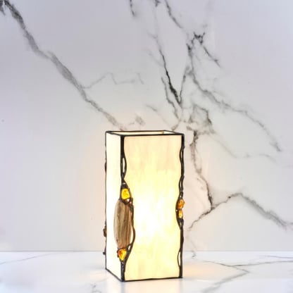 Lámpara de noche de latón, ámbar y cristal, 11x11x24 cm