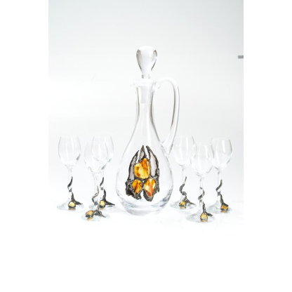Ensemble de 6 verres à liqueur, 1 carafe, avec ambre incrusté