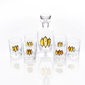 Set van 6 whiskyglazen, 1 karaf, met ingelegd amber