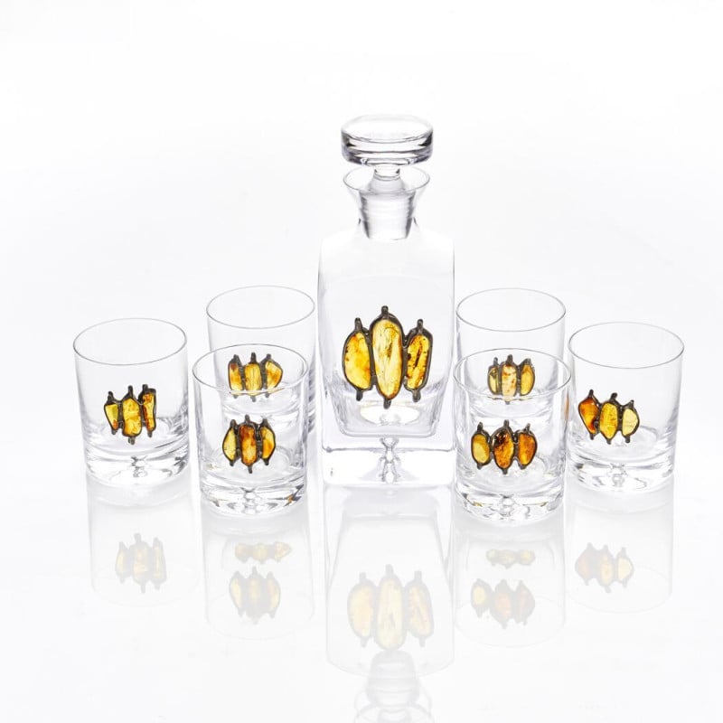 Juego de 6 vasos de whisky, 1 decantador, con incrustaciones de ámbar