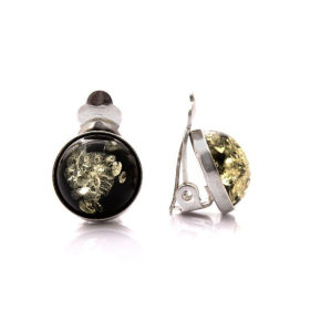 Orecchini a clip con ambra verde naturale tonda, in argento 925 rodiato