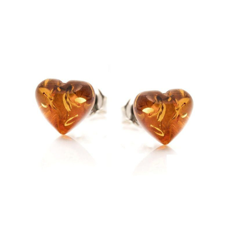 Heart stud earrings with natural cognac amber, in 925 silver