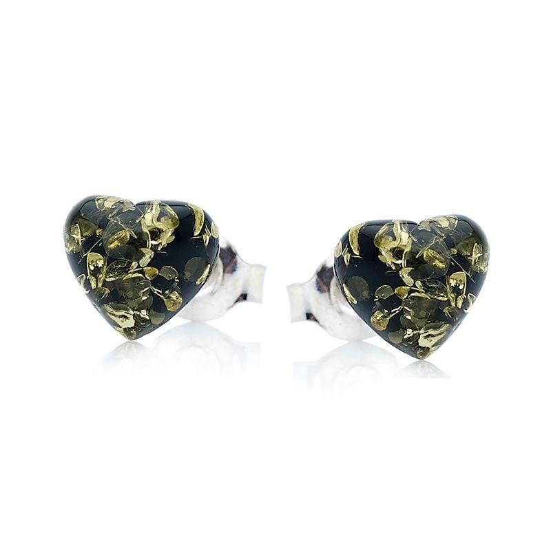 Clous d'oreilles coeur avec ambre vert naturel, en argent 925