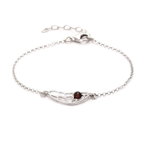 Pulseira borboleta com âmbar conhaque, em prata 925 banhada a ródio, comprimento 17+3 cm