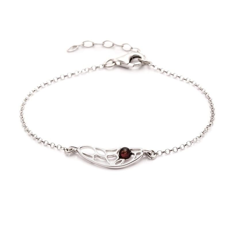 Pulseira borboleta com âmbar conhaque, em prata 925 banhada a ródio, comprimento 17+3 cm