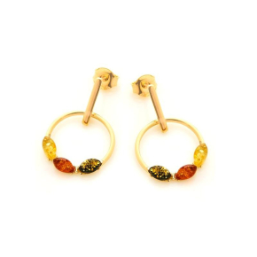 Pendientes con ámbar multicolor natural, en plata dorado 925.