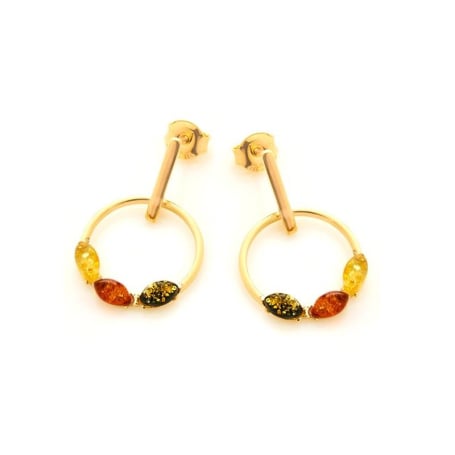 Orecchini con ambra naturale multicolore, in argento dorato 925
