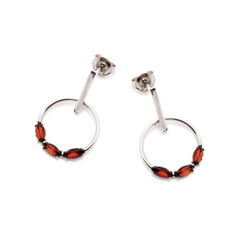 Boucles d'oreilles pendantes ronde avec ambre cognac, en argent rhodié 925