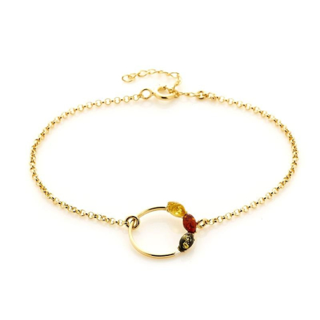 Bracelet avec ambre multicolore navette, en argent doré 925, longueur 16+3 cm