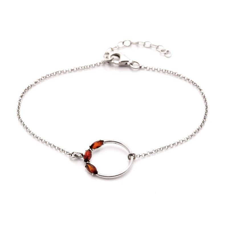 Bracelet ronde avec ambre cognac navette, en argent rhodié 925, longueur 16+3 cm