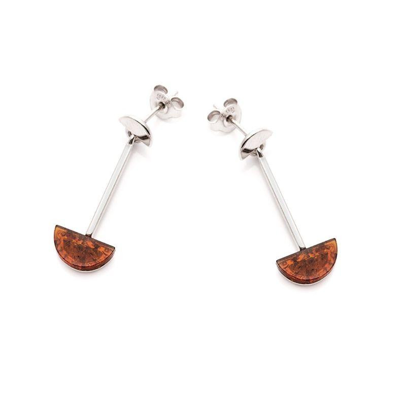 Half-circle dangle earrings with cognac amber, in 925 rhodium-plated silver