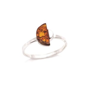 Bague demi-cercle avec ambre cognac naturel, en argent rhodié 925