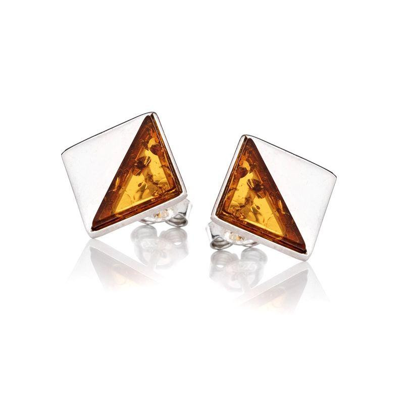 Square stud earrings with natural cognac amber triangle, in 925 rhodium silver