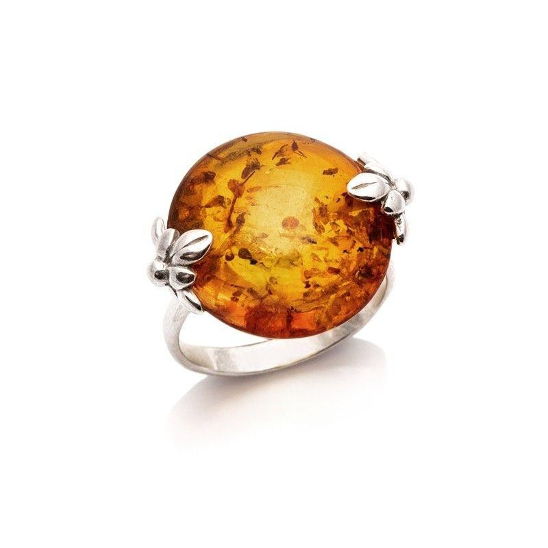 Bague grande pierre ronde avec ambre cognac rond, en argent rhodié 925