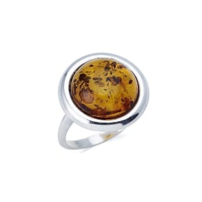 Large round stone ring with round cognac amber, in 925 rhodium silver