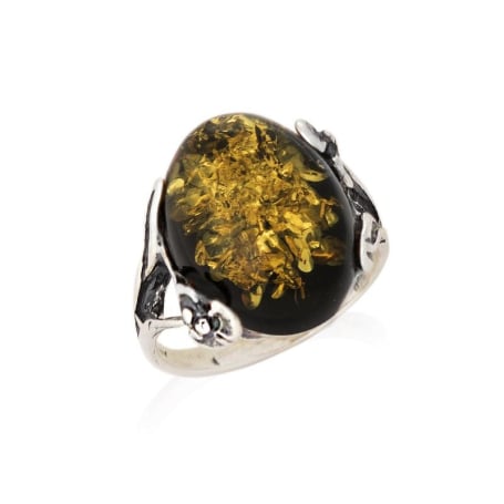 Anel grande de pedra com âmbar verde natural oval, em prata 925 envelhecida
