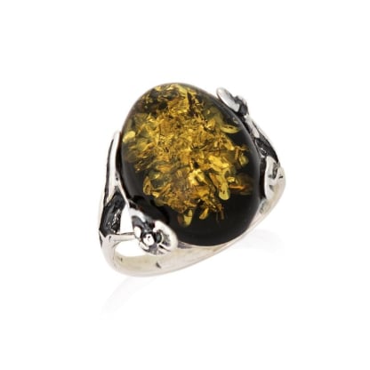 Bague grande pierre avec ambre vert naturel ovale, en argent vieilli 925