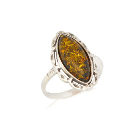 Large stone ring with natural green amber navette, in aged 925 silver