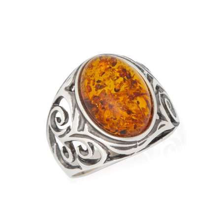 Large stone ring with natural oval cognac amber, in aged 925 silver