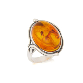 Large stone ring with natural oval cognac amber, in aged 925 silver
