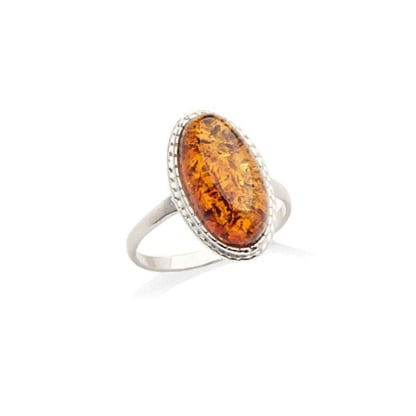 Anello grande pietra con ambra cognac naturale ovale, in argento 925 rodiato