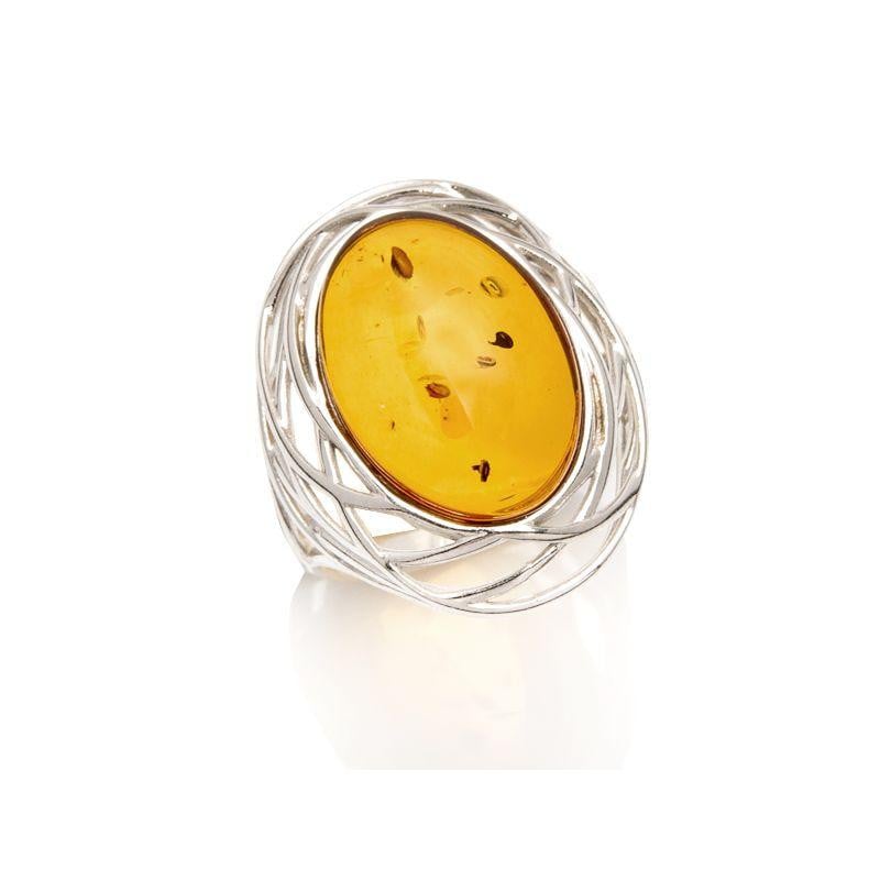 Bague grande pierre avec ambre cognac naturel ovale, en argent rhodié 925