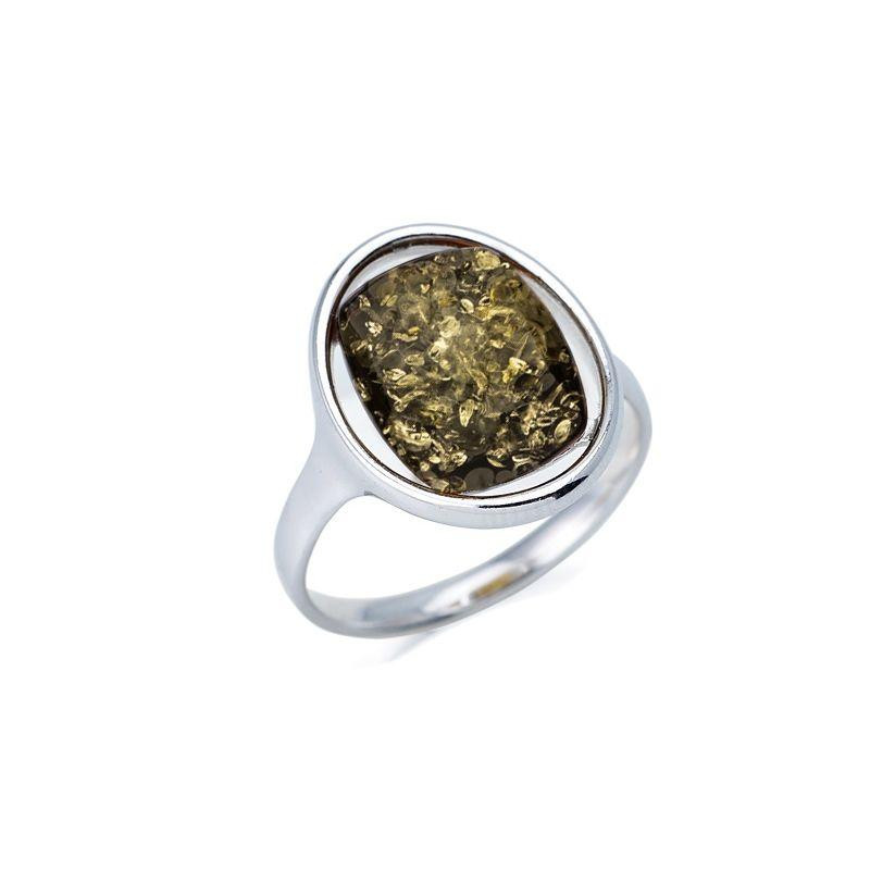 Bague grande pierre ovale avec ambre vert rectangulaire, en argent rhodié 925