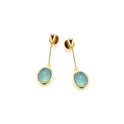 Brincos com gibão oval opala azul, em prata dourado 925