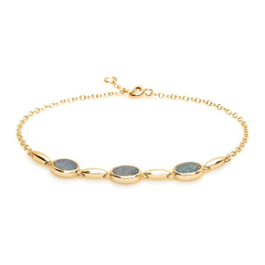 Pulseira com gibão oval opala azul, em prata dourado 925, comprimento 18+1 cm
